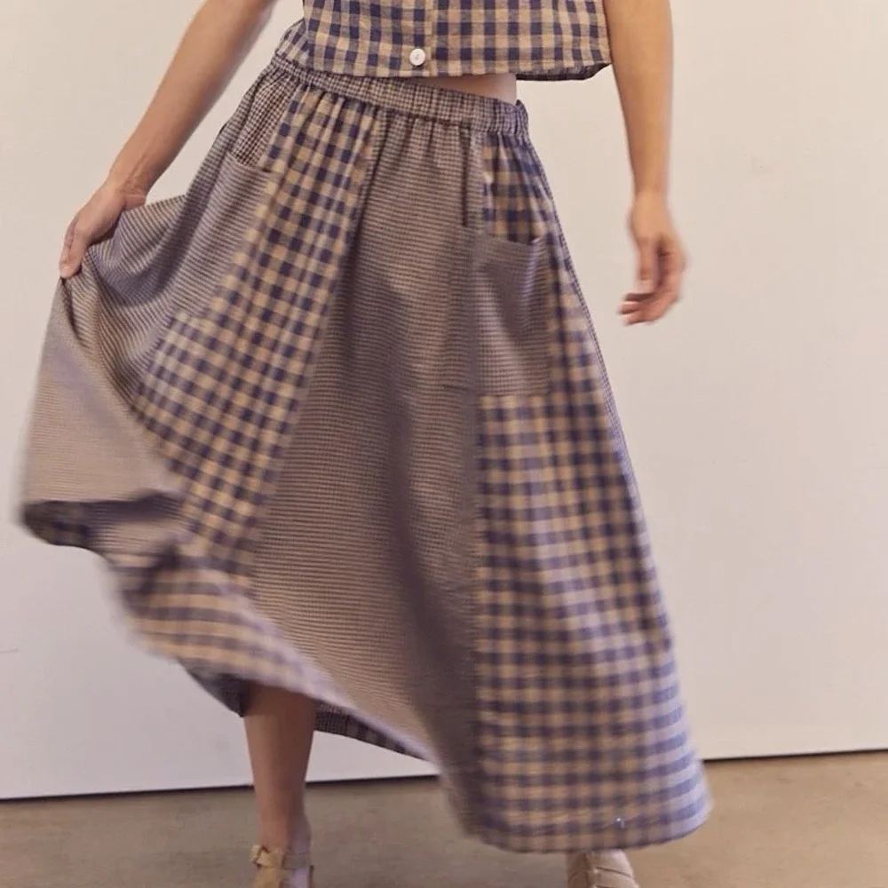 Amente LA Gingham Midi Skirt A-Line Preppy Cottagecore Elastic Waist Pockets - Picture 4 of 10
